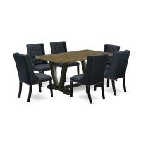 East West Furniture V676FO6247 7 Pc Dining Set 6 Black Linen Fabric Dining Room Chair Button Tufted with Nailheads and Distre