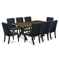 East West Furniture X677FO6249 9 Piece Dining Set 8 Black Linen Fabric Dining Chairs Button Tufted with Nail heads and Distre
