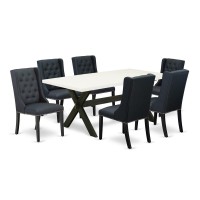 East West Furniture X627FO6247 7 Piece Kitchen Table Set 6 Black Linen Fabric Dining Room Chairs Button Tufted with Nail head