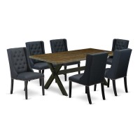 East West Furniture X677FO6247 7 Pc Dining Table Set 6 Black Linen Fabric Padded Chair Button Tufted with Nailheads and Distr