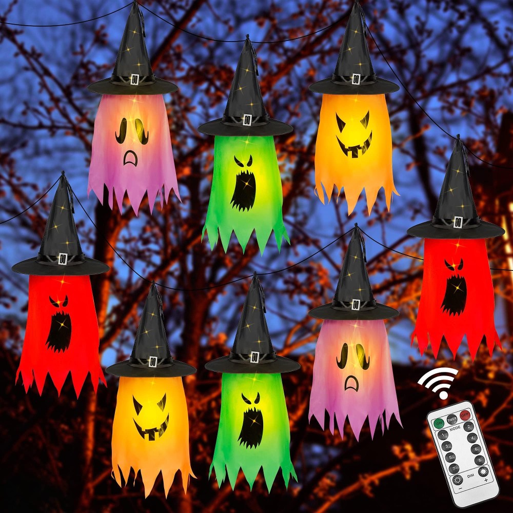 Twinkle Star Halloween 8 Pcs Lighted Hanging Witch Ghost Hats Decorations Halloween Indoor Outdoor Remote Control String Lights