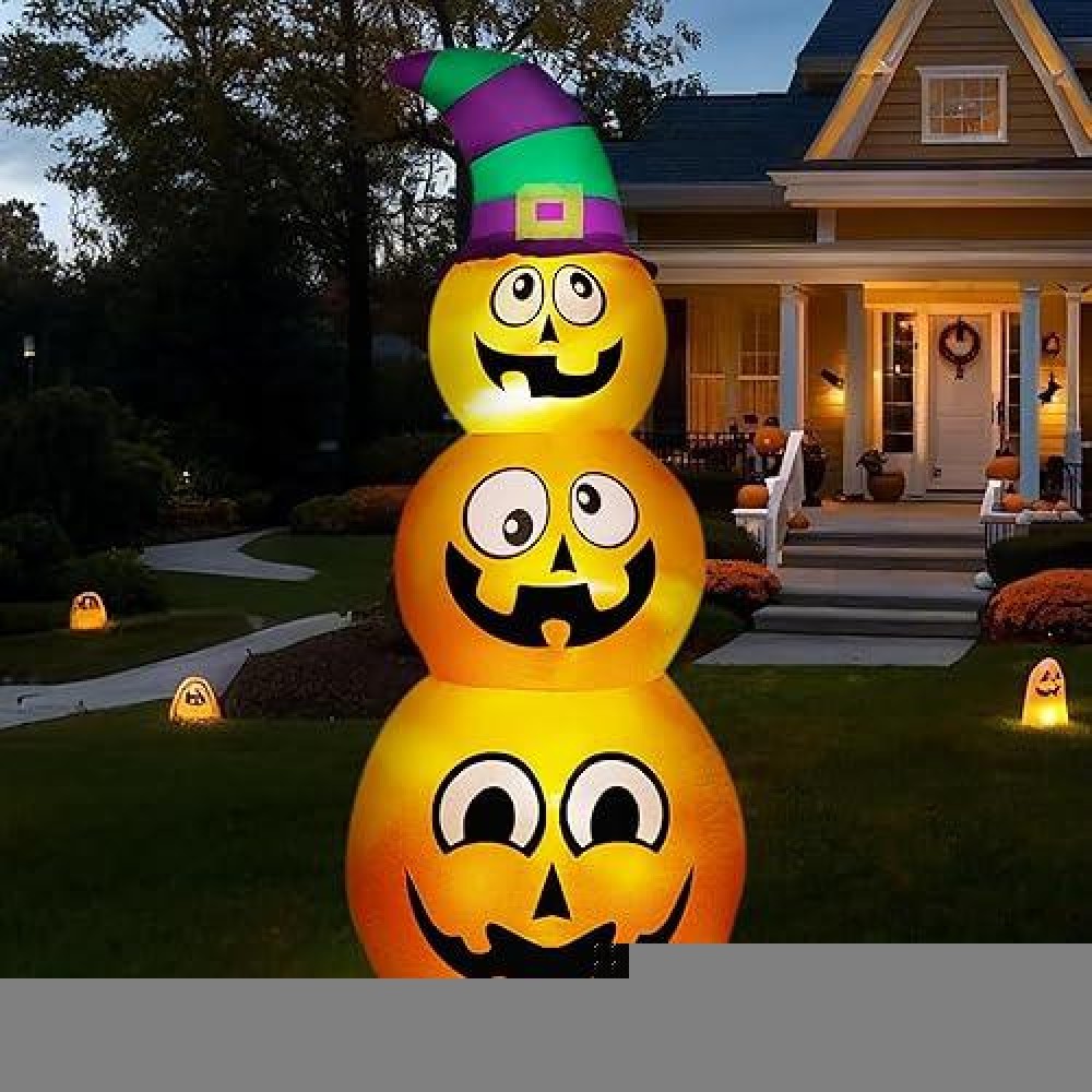 Prsildan Halloween Inflatables Stacked Pumpkins With Witch Hat 5 Ft Blow Up Outdoor Decoration With Buildin Led Lights For Gar