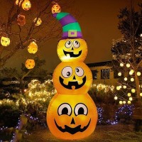 Prsildan Halloween Inflatables Stacked Pumpkins With Witch Hat 5 Ft Blow Up Outdoor Decoration With Buildin Led Lights For Gar