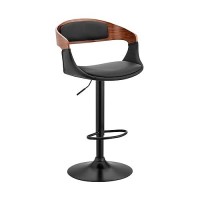 Armen Living Benson Adjustable Height Black Faux Leather And Walnut Wood Bar Stool With Black Base