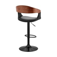 Armen Living Benson Adjustable Height Black Faux Leather And Walnut Wood Bar Stool With Black Base