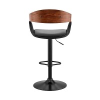 Armen Living Benson Adjustable Height Black Faux Leather And Walnut Wood Bar Stool With Black Base