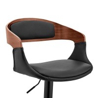 Armen Living Benson Adjustable Height Black Faux Leather And Walnut Wood Bar Stool With Black Base