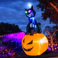 Hourleey 5 Ft Halloween Inflatables Outdoor Cat Sit On Pumpkins With Changing Color Halloween Blow Up Yard Decorations With Bui