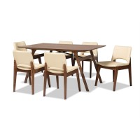 Baxton Studio Afton Mid-Century Modern Beige Faux Leather Upholstered And Walnut Brown Finished Wood 7-Piece Dining Set