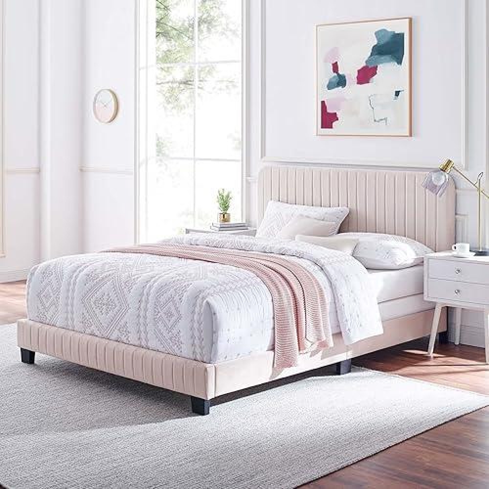 Modway Celine Channel Tufted Performance Velvet Bed, Twin, Pink