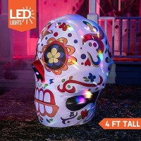 Joiedomi 4 Ft Halloween Inflatables Outdoor Decorations Halloween Inflatable Skull Halloween Blow Up For Yard With Buildin Leds