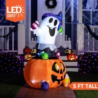 Joiedomi 5Ft Tall Halloween Inflatable Outdoor Decorations  Inflatable Ghost Halloween Decor Outdoor On Pumpkin  Blow Up Ghost Gripping Candy With Led For Halloween Decor  Halloween Yard Decoration