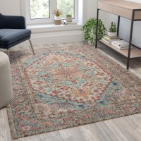 Distressed Vintage Medallion Area Rug 5 x 7 Blue Multi Polyester