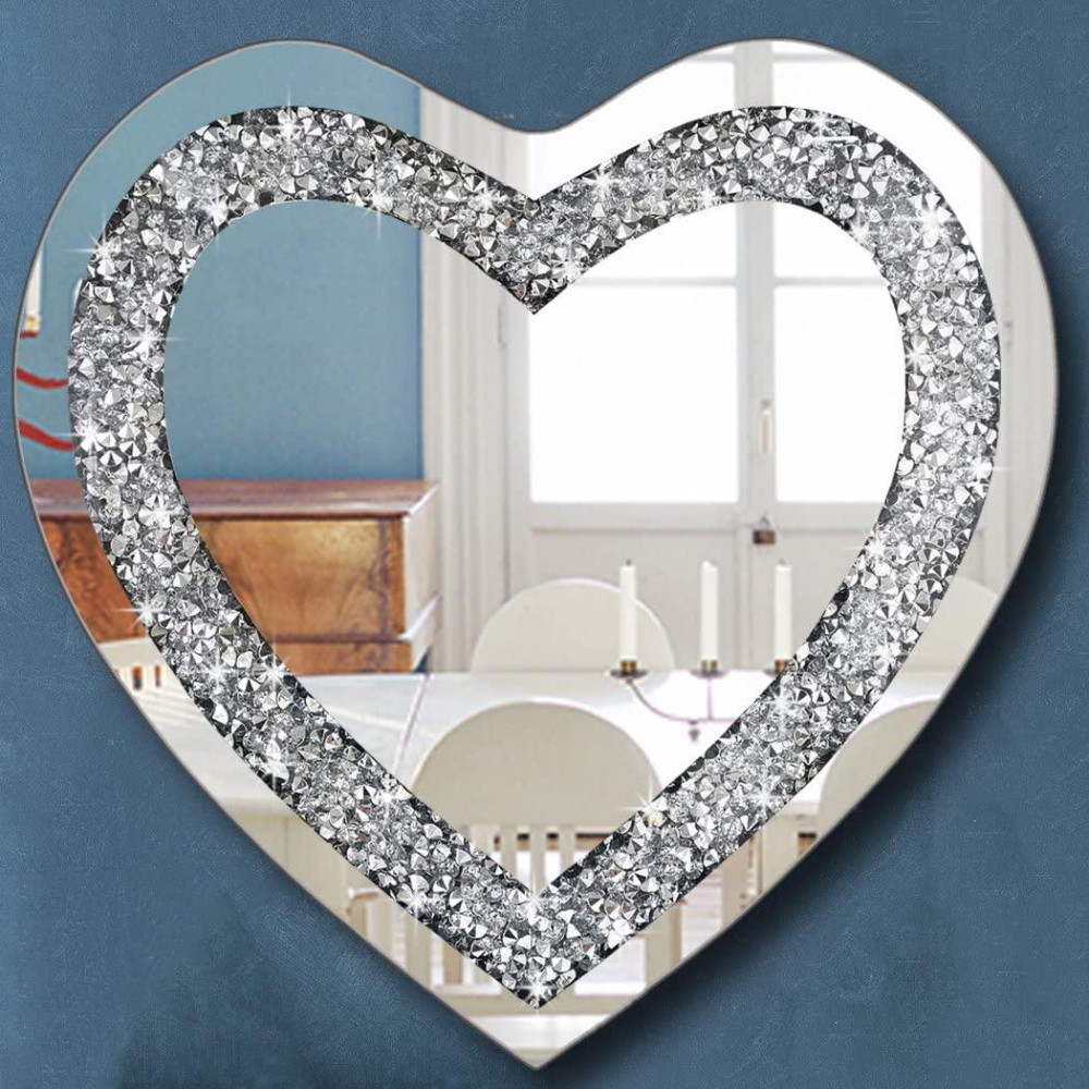 Dmdfirst Crystal Crush Diamond Heart Shaped Silver Mirror For Wall Decoration 20X20X1 Inch Wall Hang Frameless Mirror Acrylic Di