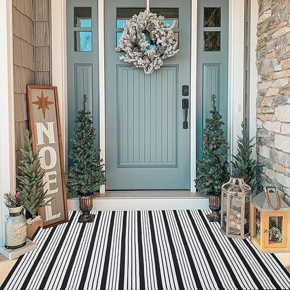 Black And White Striped Outdoor Rug Front Porch Rug 35.4'' X 59'' Front Door Mat Cotton Hand-Woven Reversible Mats For Outdoor Entryway Laundry Room Farmhouse Kitchen (35.4''X59')