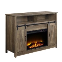 Acme Tobias Electric Fireplace Rustic Farmhouse TV Stand with Sliding Barn Door for TVs up to 55 Rustic Oak Finish