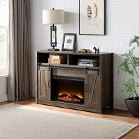 Acme Tobias Electric Fireplace Rustic Farmhouse TV Stand with Sliding Barn Door for TVs up to 55 Rustic Oak Finish