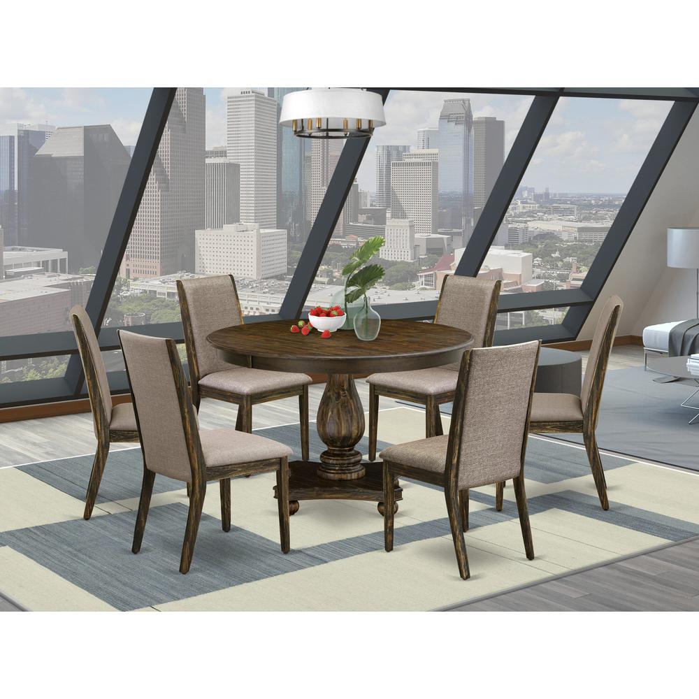 East West Furniture 7 Piece Dining Set Contains a Mid Century Modern Dining Table and 6 Dark Khaki Linen Fabric Dining Room Chai