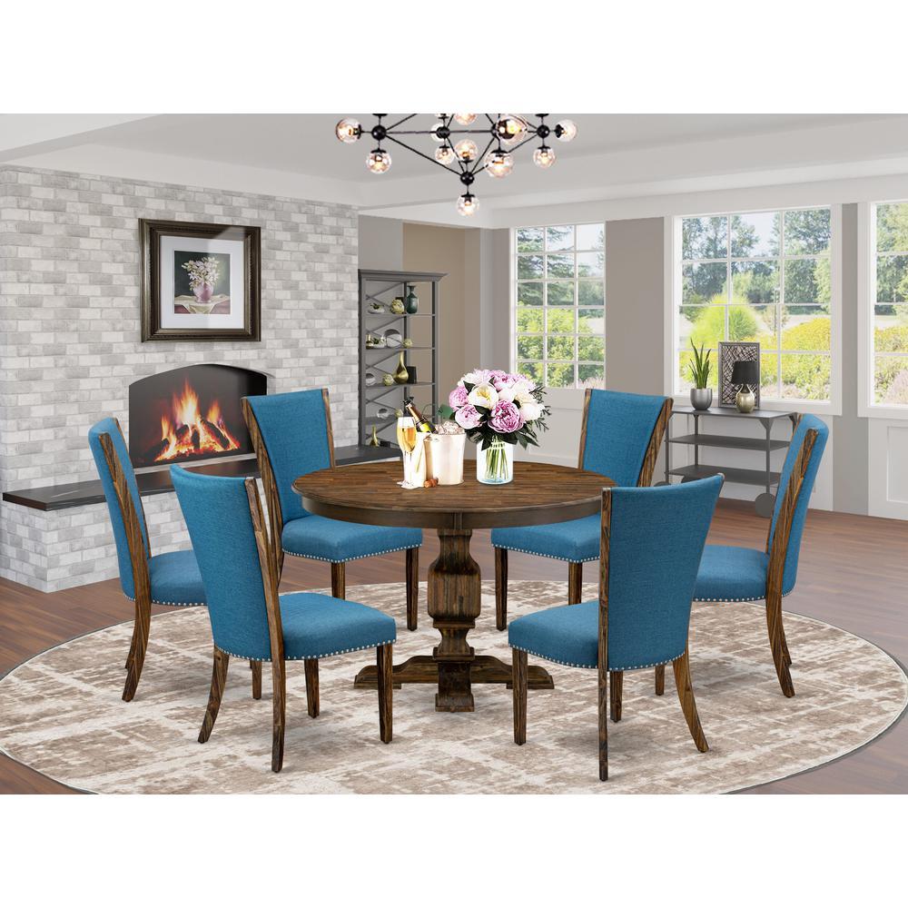 East West Furniture 7Pc Dinette Set Mid Century Modern Pedestal Dining Table and 6 Blue Color Parson Chairs with High Back