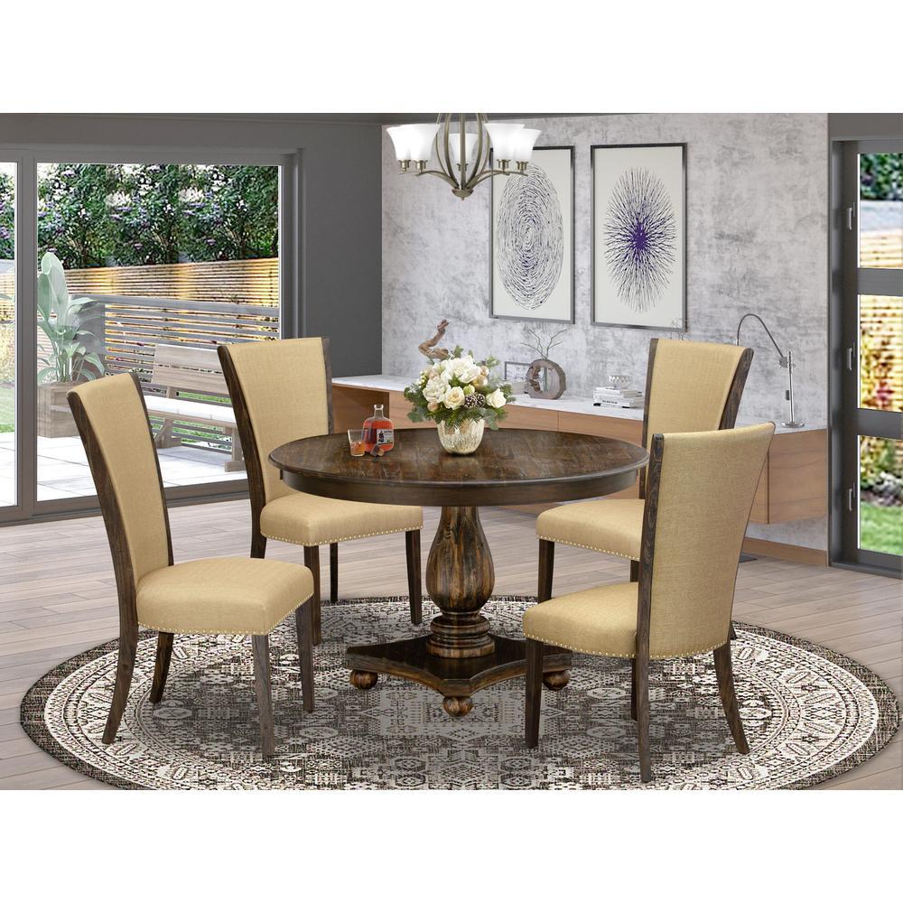 East West Furniture 5Piece Modern Dining Set Pedestal Dining Table and 4 Brown Color Parson Dining Chairs with High Back Di