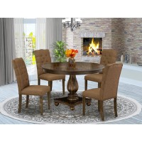 East West Furniture 5 Piece Table Set Consists of a Dining Room Table and 4 Brown Linen Fabric Mid Century Chairs with Button Tu