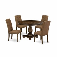 East West Furniture 5 Piece Table Set Consists of a Dining Room Table and 4 Brown Linen Fabric Mid Century Chairs with Button Tu