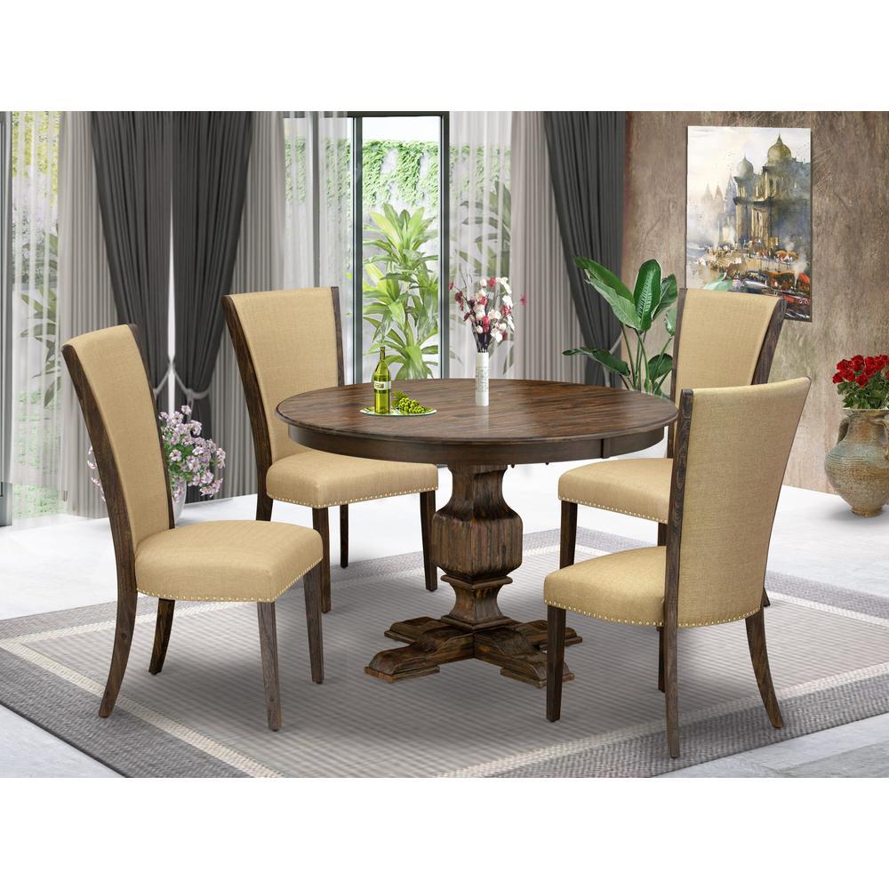 East West Furniture 5Piece Kitchen Dining Table Set Pedestal Dining Table and 4 Brown Color Parson Modern Chairs with High Ba