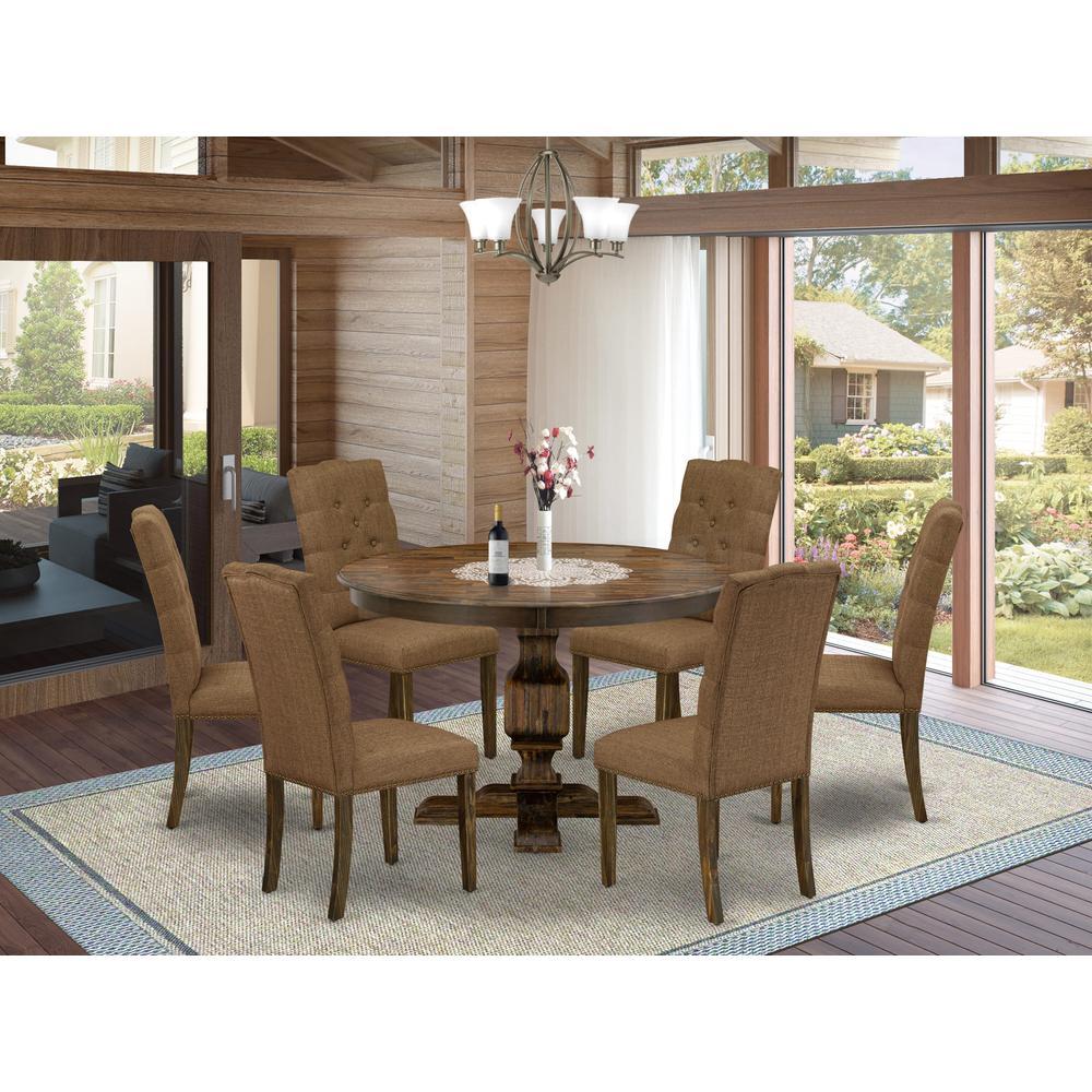 East West Furniture 7 Piece Mid Century Modern Dining Set Includes a Dining Table and 6 Brown Linen Fabric Dining Chairs with Bu