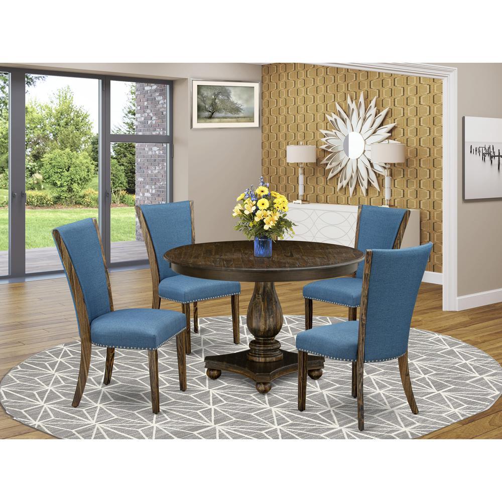 East West Furniture 5Piece Modern Dining Set Pedestal Dinning Table and 4 Blue Color Parson Dining Room Chairs with High Back