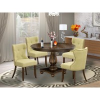 East West Furniture 5Piece Kitchen Table Set Pedestal Dining Table and 4 Limelight Color Parson Dining Room Chairs with Butto