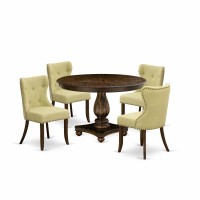 East West Furniture 5Piece Kitchen Table Set Pedestal Dining Table and 4 Limelight Color Parson Dining Room Chairs with Butto