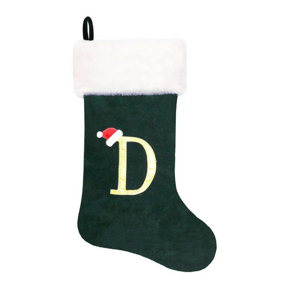 Eoocan 20 Inches Monogram Christmas Stockings Green Velvet With White Super Soft Plush Cuff Embroidered Xmas Stocking Classic Pe