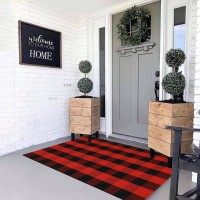 Mubin Cotton Black And Red Plaid Rug 3X 5 Outdoor Front Door Decor Mat Handwoven Reversible Foldable Rug For Layered Door M