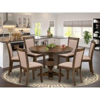 East West Furniture 7 Piece Kitchen Table Set Contains a Dinner Table and 6 Dark Khaki Linen Fabric Mid Century Modern Chairs wi