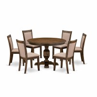 East West Furniture 7 Piece Kitchen Table Set Contains a Dinner Table and 6 Dark Khaki Linen Fabric Mid Century Modern Chairs wi