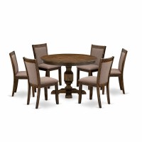 East West Furniture 7Pc Dining Set Kitchen Pedestal Table and 6 Coffee Color Parson Chairs with High Back Distressed Jacobe