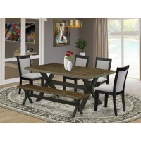 East West Furniture 6 Pc Dinner Table Set Distressed Jacobean Top Modern Dining Table with a Kitchen Bench and 4 Shitake Linen