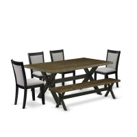 East West Furniture 6 Pc Dinner Table Set Distressed Jacobean Top Modern Dining Table with a Kitchen Bench and 4 Shitake Linen