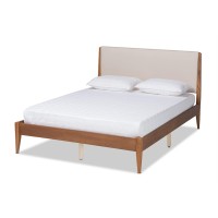 Baxton Studio Lenora Mid-Century Modern Beige Fabric Upholstered And Walnut Brown Finished Wood Full Size Platform Bed