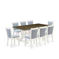 East West Furniture 9Pc Table Set Contains a Wooden Table and 8 Baby Blue Linen Fabric Dining Room Chairs with Stylish Back W