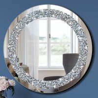 Qmdecor Crystal Crush Diamond Sparkly Round Silver Mirror For Wall Decoration 20X20X1 Inch Wall Hang Frameless Bling Stylish Gor