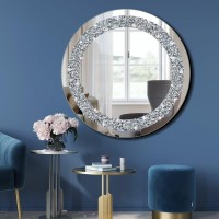 Qmdecor Crystal Crush Diamond Sparkly Round Silver Mirror For Wall Decoration 20X20X1 Inch Wall Hang Frameless Bling Stylish Gor