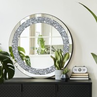 Qmdecor Crystal Crush Diamond Sparkly Round Silver Mirror For Wall Decoration 20X20X1 Inch Wall Hang Frameless Bling Stylish Gor