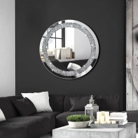 Qmdecor Crystal Crush Diamond Sparkly Round Silver Mirror For Wall Decoration 20X20X1 Inch Wall Hang Frameless Bling Stylish Gor