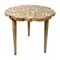 The Urban Port End Wooden Side Table With Floral Carved Top And Tripod Base, Antique Brown,Upt-248149