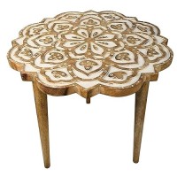 The Urban Port End Wooden Side Table With Floral Carved Top And Tripod Base, Antique Brown,Upt-248149