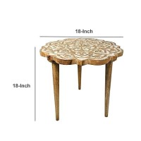 The Urban Port End Wooden Side Table With Floral Carved Top And Tripod Base, Antique Brown,Upt-248149