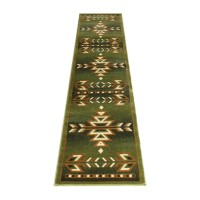 Lodi Collection Southwestern 2 x 7 Green Area Rug Olefin Rug with Jute Backing for Hallway Entryway Bedroom Living Room