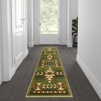 Lodi Collection Southwestern 2 x 7 Green Area Rug Olefin Rug with Jute Backing for Hallway Entryway Bedroom Living Room