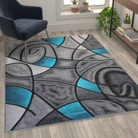 Jubilee Collection 5' X 7' Turquoise Abstract Area Rug - Olefin Rug With Jute Backing - Living Room  Bedroom  & Family Room